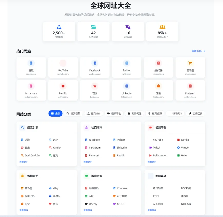 静态全球网址大全导航网站HTML源码(支持多语言)-1